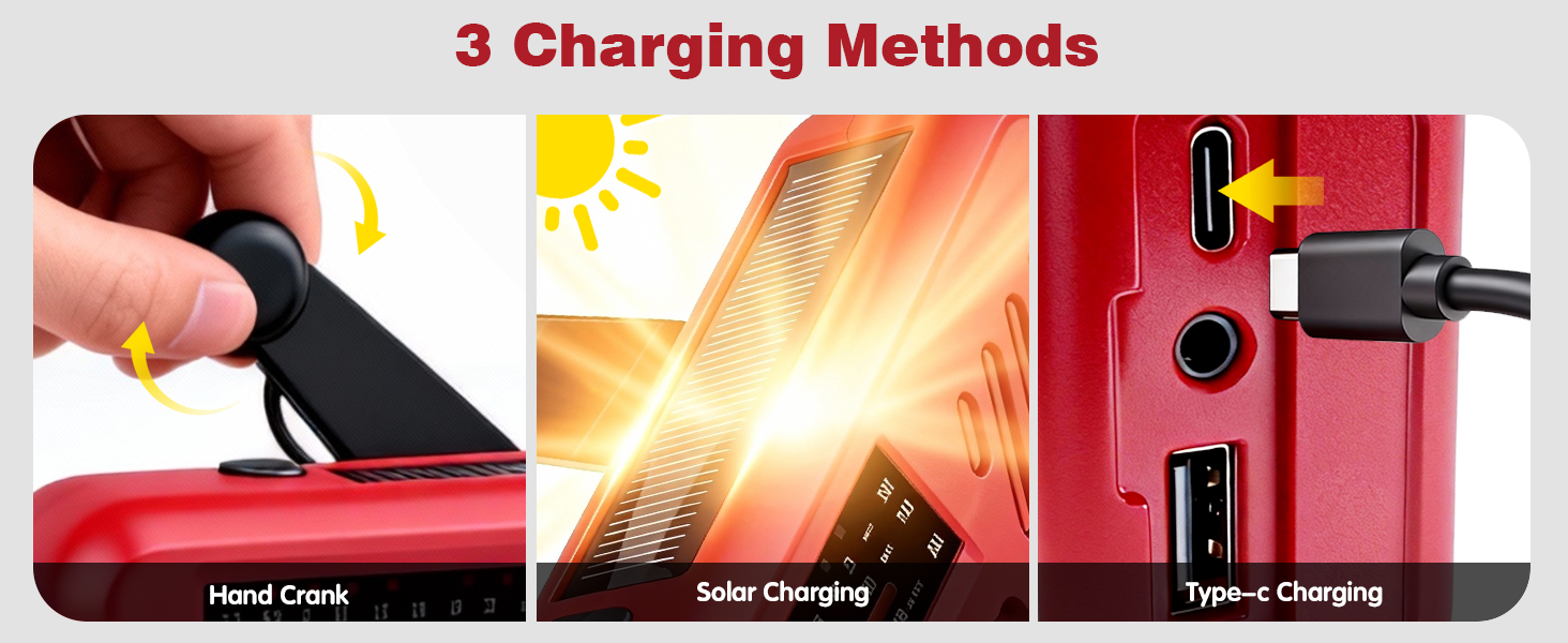 Радіоприймач Kurbelradio з навушниками, AM/FM/SW, сонячне аварійне радіо, 2000mAh Power Bank, радіо на батарейках, будівельне радіо з всесвітнім приймачем, ліхтарик SOS для аварійного обладнання 297-Red