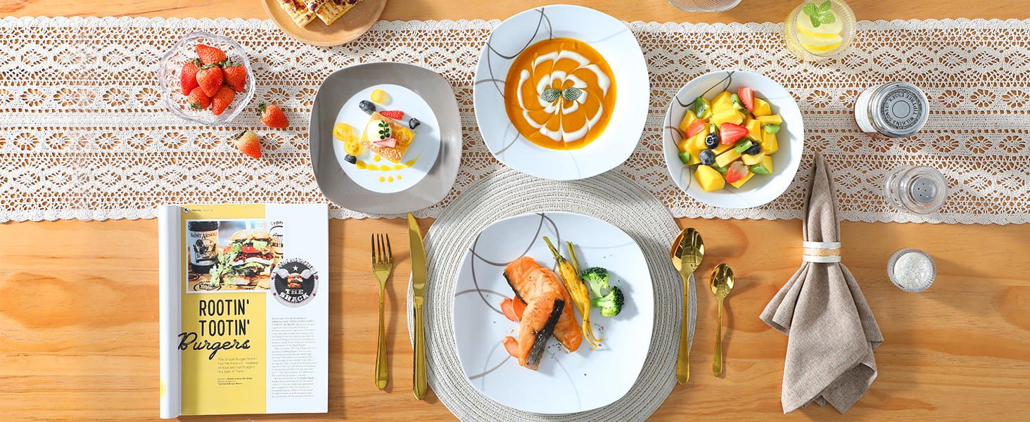 VEWEET Сервіз столовий 'Нікіта' з порцеляни, 24 елементи | Комплект посуду включає миски, десертні тарілки, тарілки для їжі та супові тарілки | Сервіз для 4-12 осіб, 24 елементи