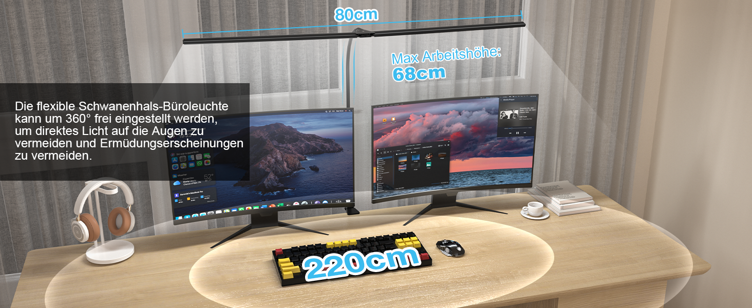 Світлодіодна лампа настільна для офісу та дому, світло для монітора, 1400 люмен, регульована яскравість, кріплення-затискач, лампа для робочого місця, гусяча шия, подвійний насадки, 5 режимів кольору та рівнів яскравості, білий колір (чорний, 80 см)