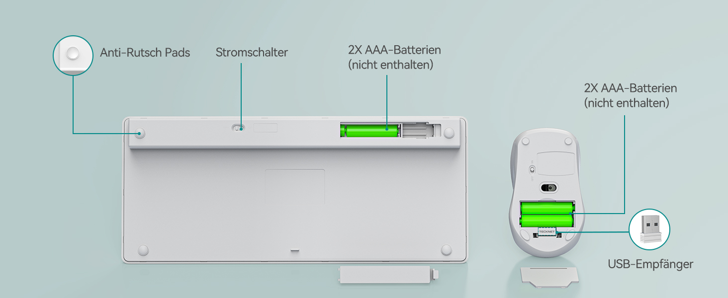 Бездротова клавіатура та миша TECKNET QWERTZ, 2.4 GHz, 15м, тиха, для ПК, ноутбука, Smart TV, білий (зелений)