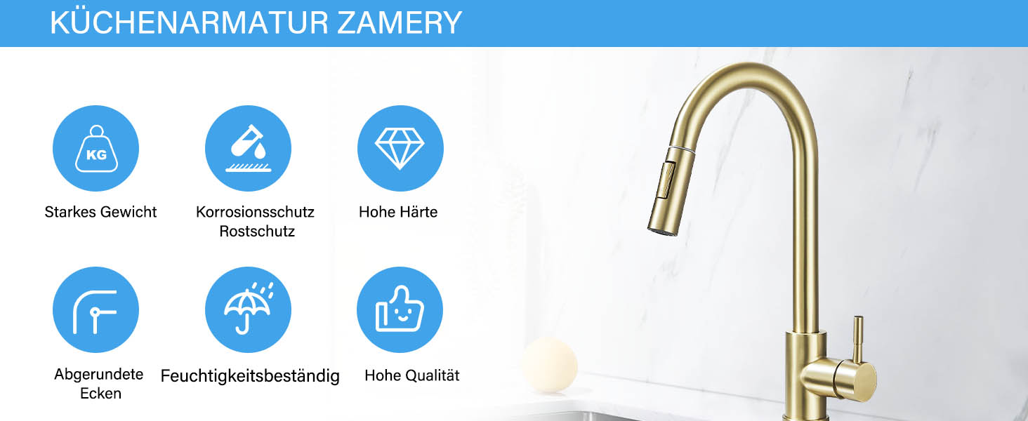 Кухонний змішувач з двома виливами, поворотний на 360°, з високим виливом та спіральною голкою, з нержавіючої сталі (золотий)