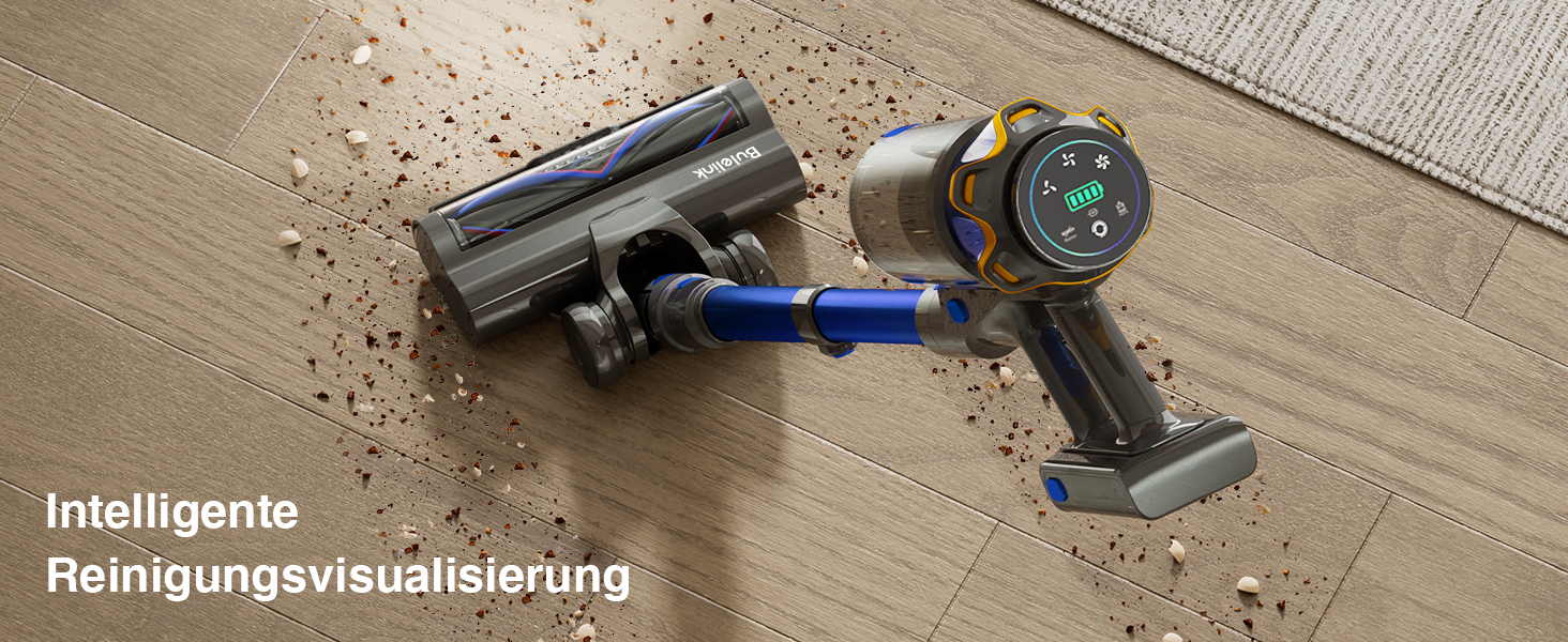 Бездротовий акумуляторний пилосос 45000 Па/550 Вт/65 хв, об'єм 1,6 л з дисплеєм, антизаплутувальною насадкою, самостійне стояння, док-станція на стіні, 8-шарова фільтрація, тиха робота, для шерсті тварин/килимів/твердих підлог/автомобіля, блакитний