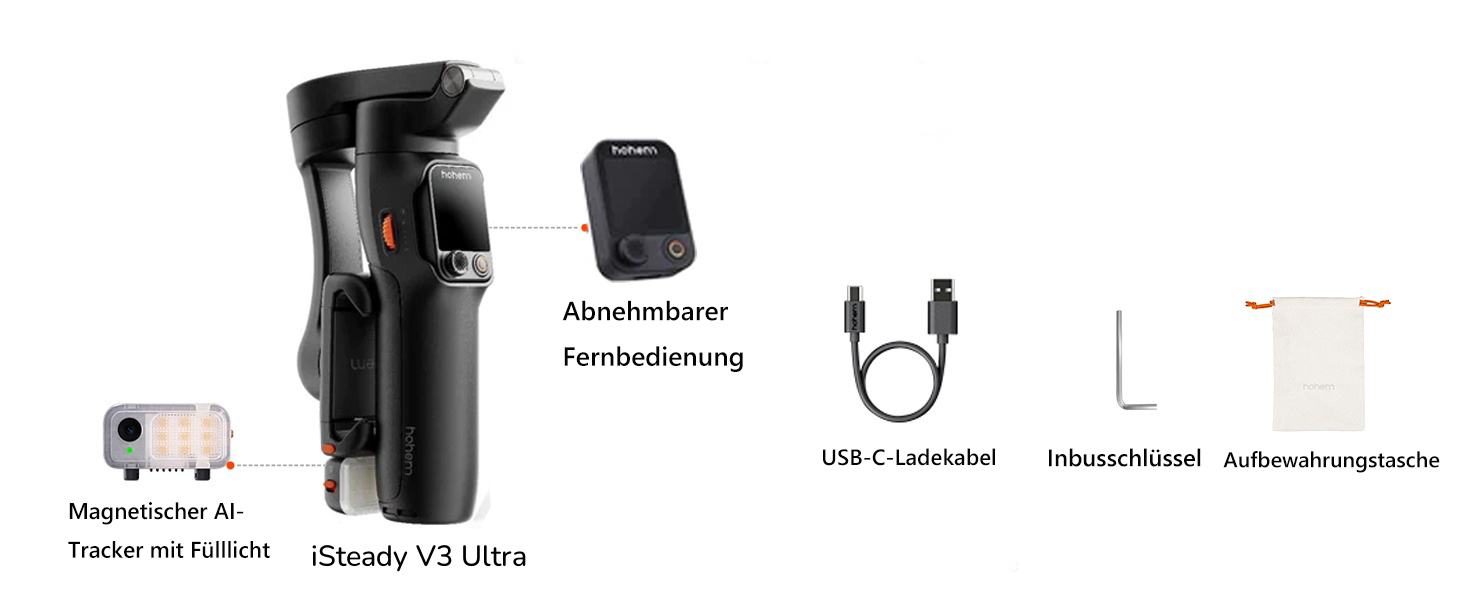 Стабілізатор Hohem iSteady V3 Ultra для смартфона: AI-трекінг, керування жестами, від'ємна рукоятка, екран 2.2'' та штатив, чорний