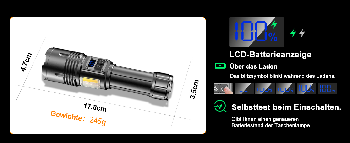 Ліхтарик LED акумуляторний, тактичний, 500000 люмен, 9 режимів, COB бічне світло, USB-C, для кемпінгу та надзвичайних ситуацій, чорний