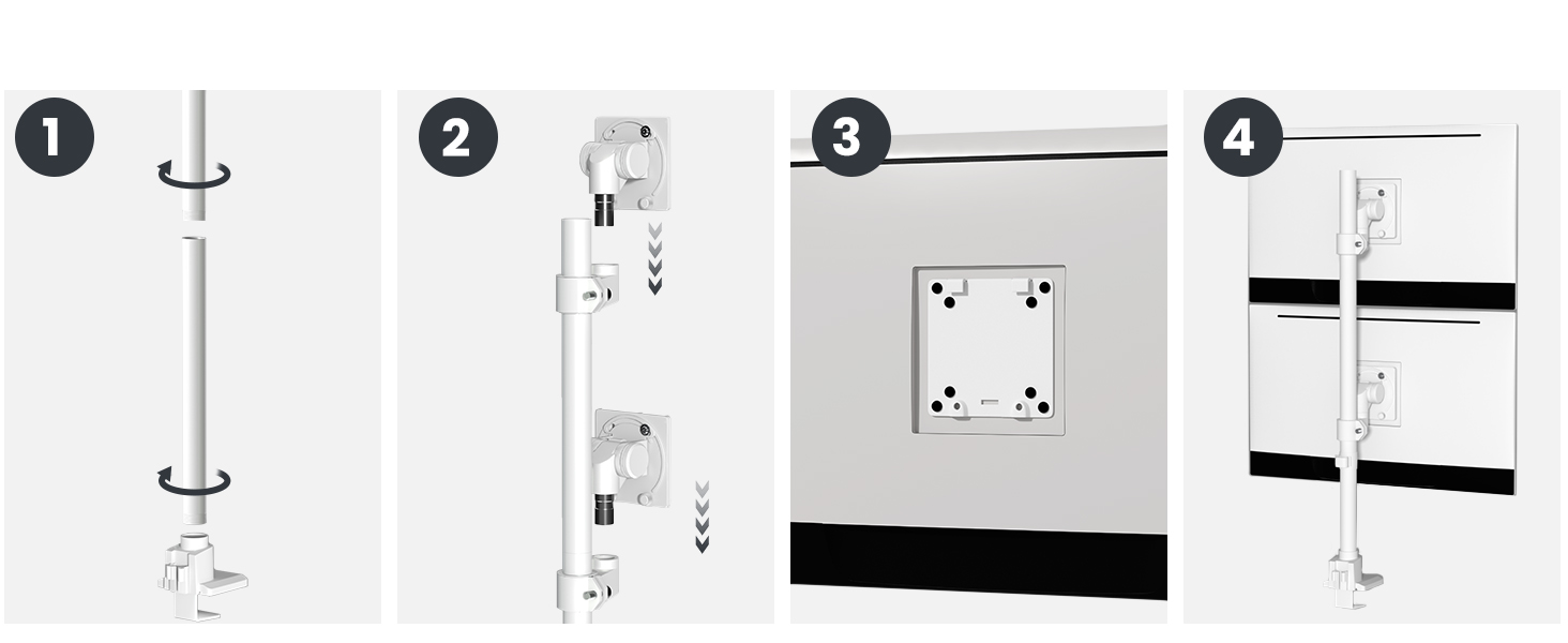 Кріплення для моніторів Halterung - 2 шт. один над одним, для моніторів 24-57 дюймів (плоских та вигнутих), вантажопідйомність 2-27 кг на кріплення, регулювання висоти, 2 варіанти монтажу/VESA 75/100 мм (білий)