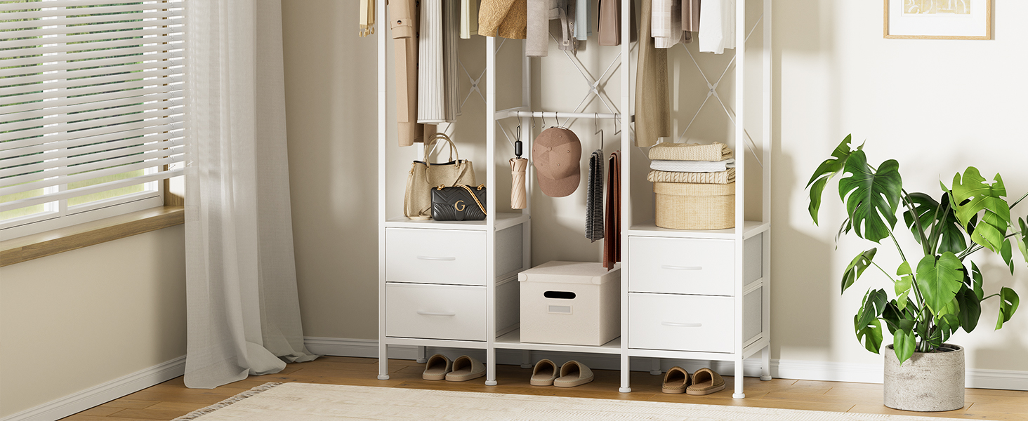 Відкрита шафа для одягу з вішалкою та 4 шухлядами, біла. Підходить для спальні, вітальні, передпокою. Стабільна та міцна.