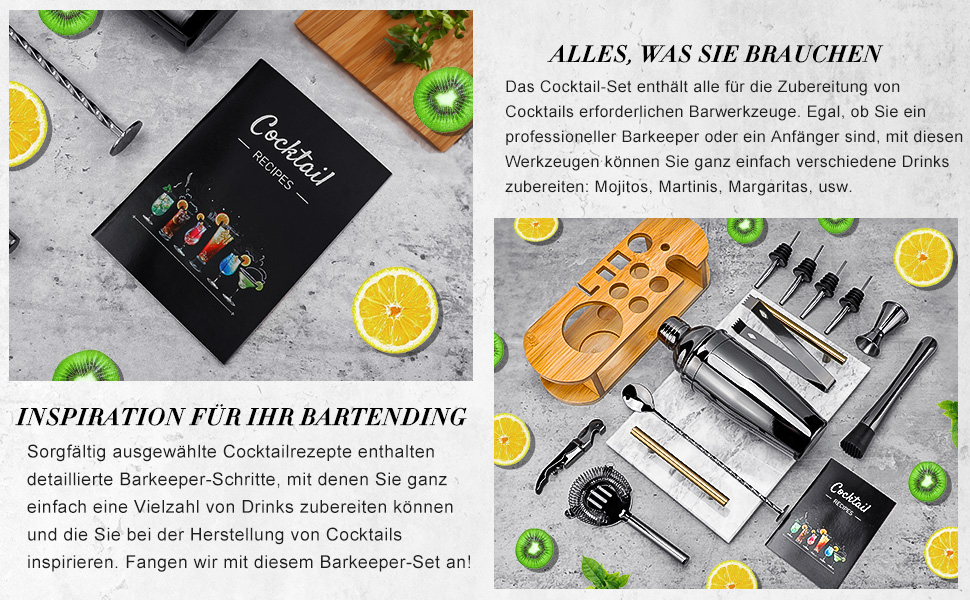 Набір шейкерів для коктейлів з підставкою, професійний, 12 предметів, нержавіюча сталь, для дому, чорний