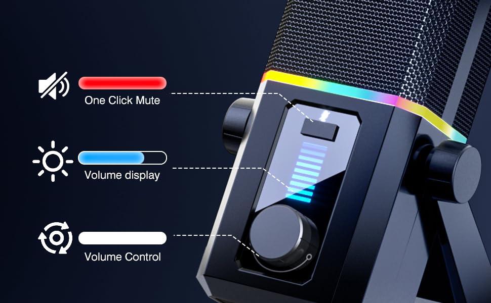 Мікрофон Facmogu HK2 для геймінгу та стрімінгу з RGB-підсвічуванням, USB, динамічний, для ПК, комп'ютера, Twitch, подкастів