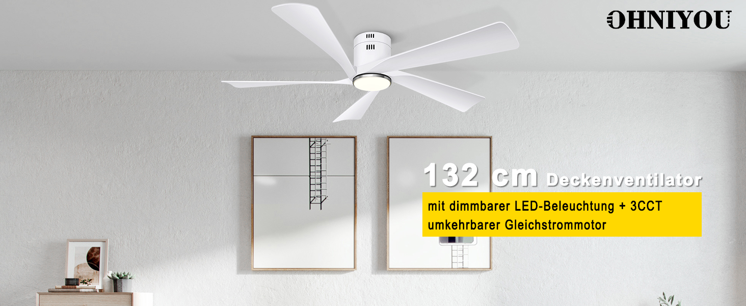 Deckenventilлятор Ohniyou 132 см (52 дюйми) з освітленням, пультом ДУ та керуванням через додаток, регульована яскравість, тихий DC-двигун, для спальні, вітальні, тераси (білий)