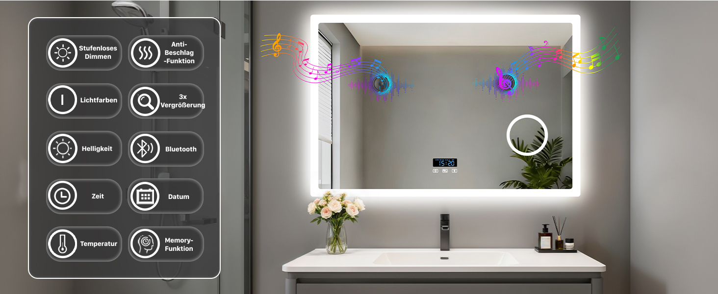 Дзеркало для ванної кімнати LUVODI з підсвічуванням 100x70 см: годинник, температура, дата, антизапар, регулювання яскравості, 3 кольори світла, функція пам'яті, LED, водонепроникність (60L x 80B см, 3x лупа + Bluetooth)