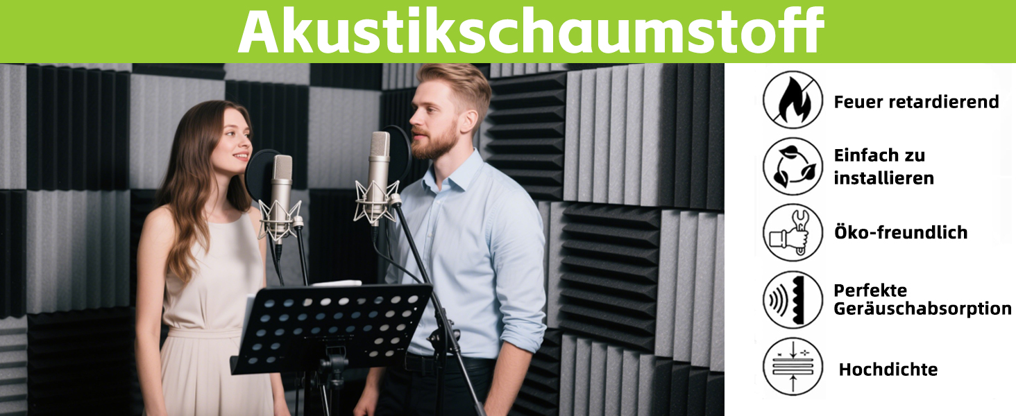 Акустичний поролон Foneso для звукоізоляції, панелі-поглиначі шуму 30x30x5 см, висока щільність 25кг/м³, чорний (12 шт) для студії, офісу та кінотеатру