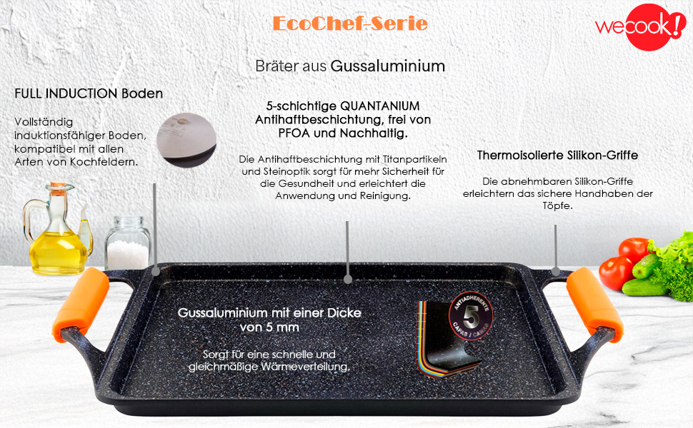 Гриль-пластина WECOOK! Ecochef Titan 37x25 см, алюмінієва, з антипригарним покриттям Quantanium, для індукції та всіх типів плит, знімні силіконові ручки, чорна