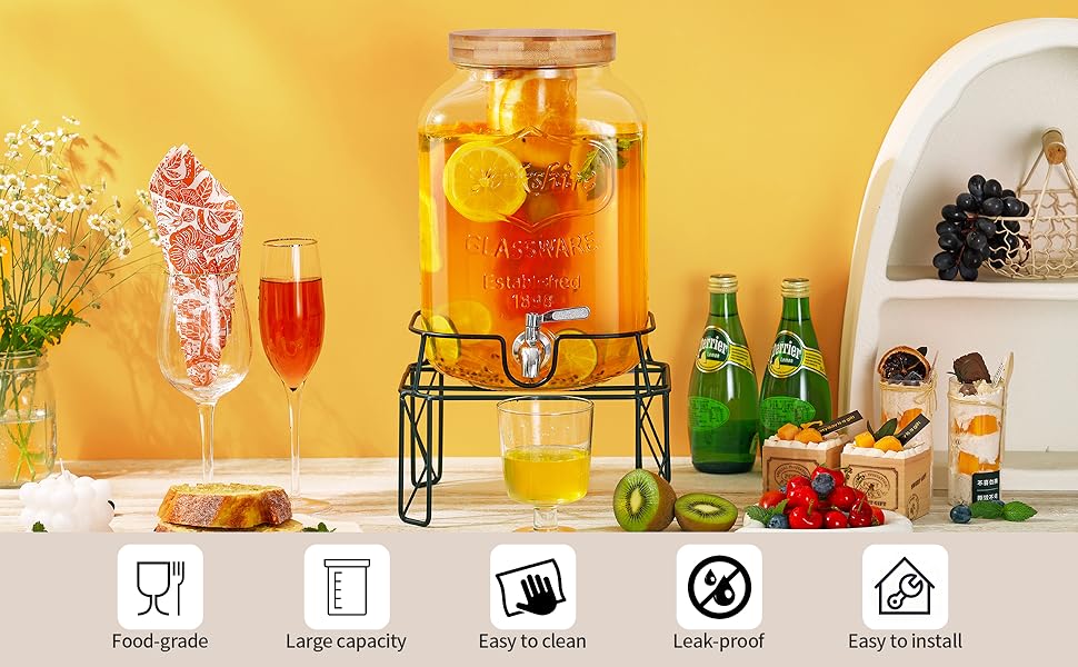 Скляний диспенсер для напоїв 7.6L зі стійкою, з нержавіючою сталею та бамбуковим кришками, для вечірок та свят