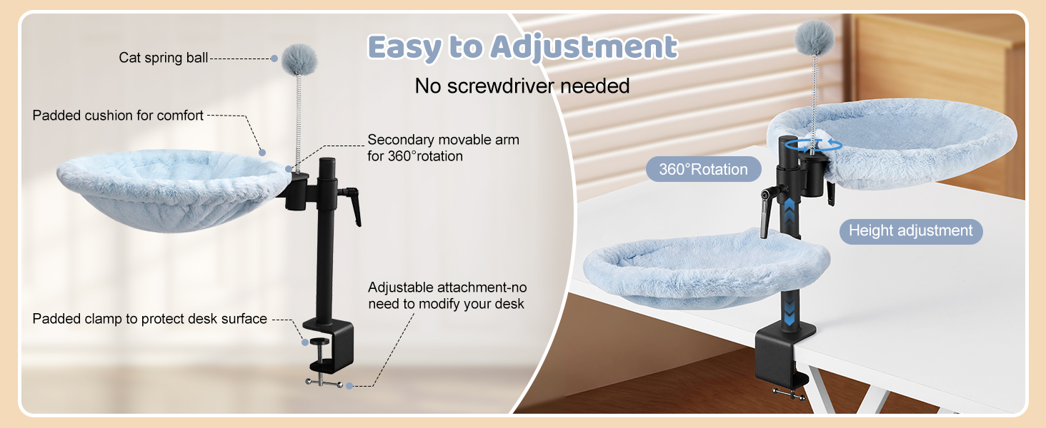 Кішка ліжко на стіл Odoland - 360° обертається та регулюється по висоті, м'яка гамак для котів з 2 знімними чохлами, місце для сну для дому/офісу - для цілорічного використання (Сірий)