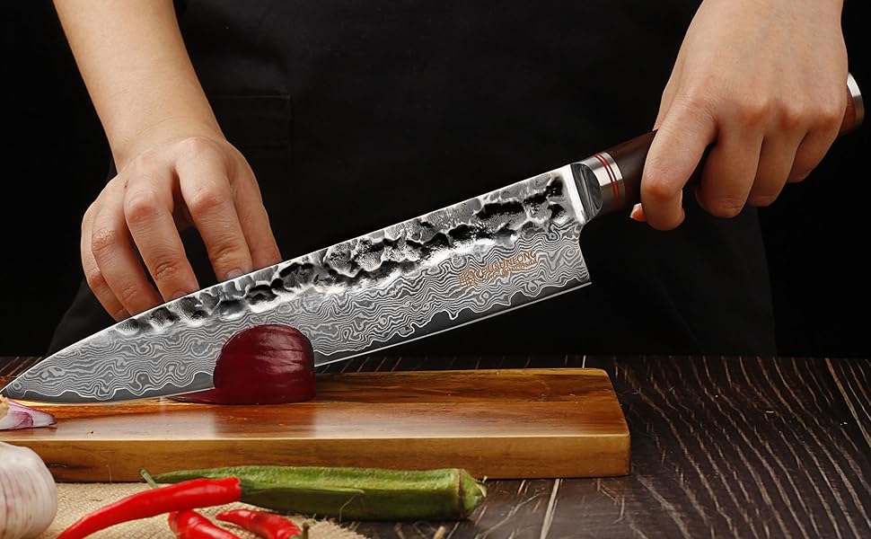 Ніж кухарський YOUSUNLONG Pro Gyuto 255 мм з дамаської сталі, ручка з натурального горіха, шкіряна піхва