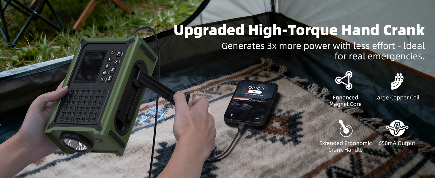 Радіоприймач Kurbelradio з DAB/DAB+/UKW, сонячною панеллю 8500 мм², акумулятором 12000 mAh та ручним генератором 650 mA. Радіо з Bluetooth 5.0, ліхтарик, зарядний пристрій USB, для кемпінгу та надзвичайних ситуацій (зелений)