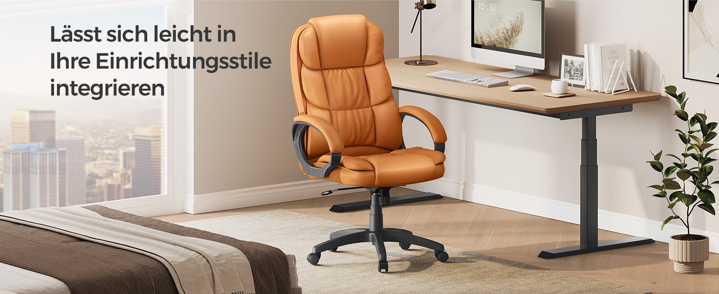 Крісло офісне SONGMICS для офісу та дому, крісло для комп'ютера, регульована висота, оббивка, OBG22B (карамельний колір, 53 x 51 x (112-122) см)