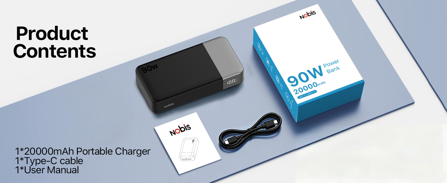 Потужний павербанк NOBIS 20000mAh 90W з підтримкою швидкої зарядки, 4 порти USB-C/USB-A для ноутбуків Dell, Lenovo, Steam Deck та смартфонів Samsung Galaxy, чорний