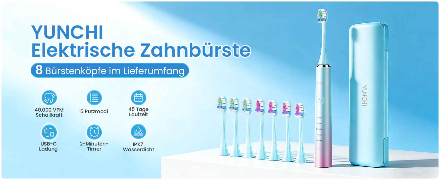 Електрична зубна щітка YUNCHI C2 з 40000 VPM, звукова щітка для дорослих, зарядка USB-C, 55 днів роботи від акумулятора, 5 режимів чищення, таймер 2 хвилини, 8 насадок, дорожній футляр, чорний (Ycyc-y7 Blue)