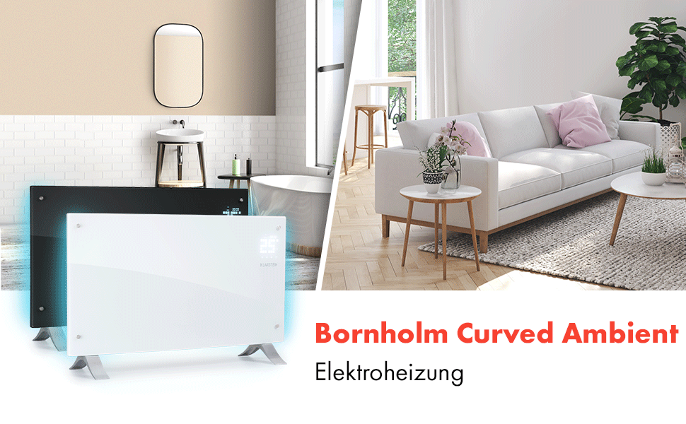 Електричний конвектор Klarstein Bornholm Curved Ambient: мобільний нагрівач з термостатом, 2000 Вт, чорний