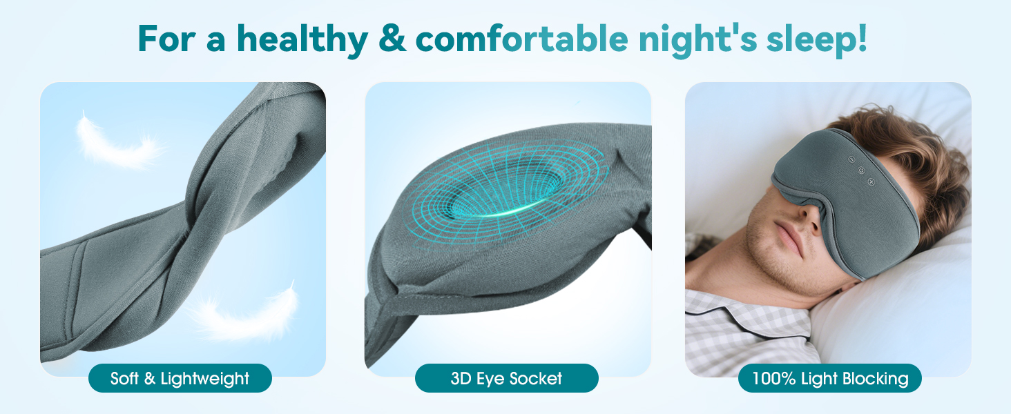 Маска для сну MUSICOZY з навушниками | 3D маска для сну з Bluetooth 5.4, 100% затемнення, з біо-бамбукової бавовни, для подорожей, сіра