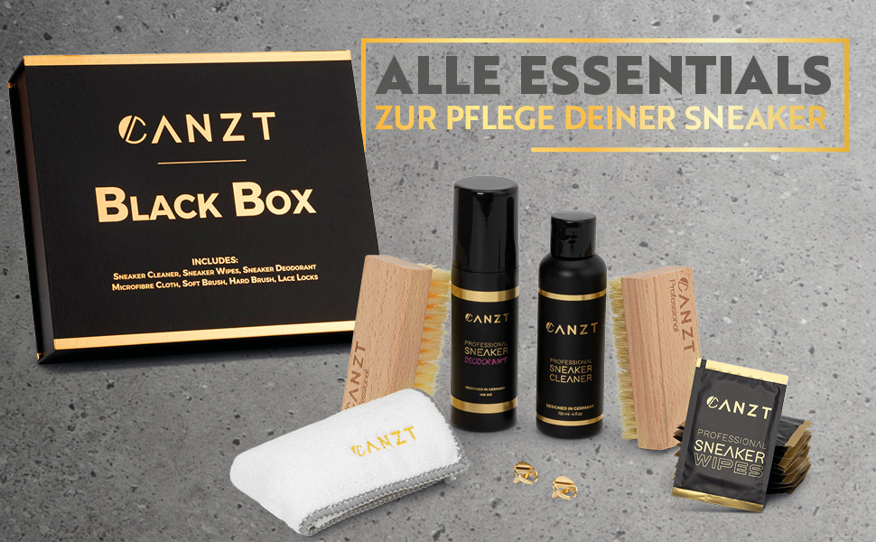 Преміум набір для чищення кросівок Canzt Black Box – для замші, нубуку, шкіри та текстилю, з засобом для взуття, серветкою, щітками, вологими серветками та дезодорантом