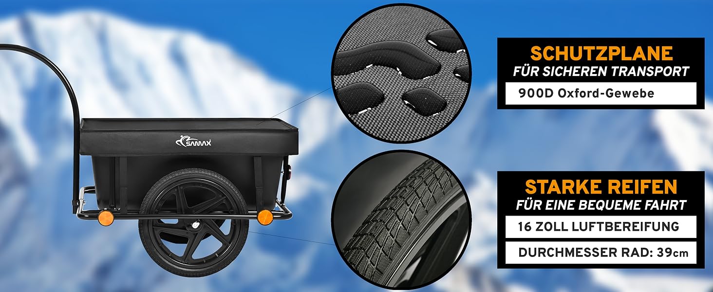 Причіп для велосипеда SAMAX 70 літрів / 60 кг - вантажний причіп з пластиковою ванною, чорний (90л / 80кг, для гірських велосипедів)