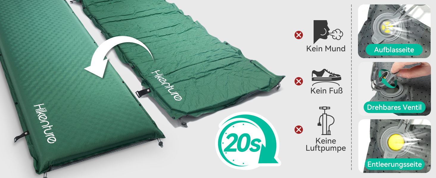 Каремат HIKENTURE самонадувний, 10 см товщини, для кемпінгу, туризму та подорожей (темно-зелений)