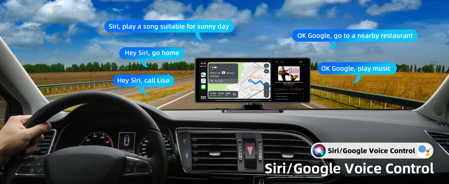 10.26-дюймовий бездротовий дисплей CarPlay/Android Auto для авто з 4K відеореєстратором, 1080P камерою заднього виду, GPS, Bluetooth, FM, 64 ГБ, підтримка Siri/Google Assistant, Mirror Link