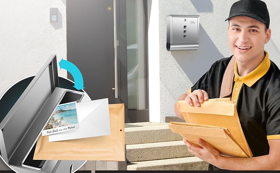 Поштова скринька KESSER® з газетницею та табличкою для імені, нержавіюча сталь, полірована, з оглядовим вікном, замок на 3 ключі, порошкове покриття, для настінного монтажу, велика, срібляста + матеріал для монтажу