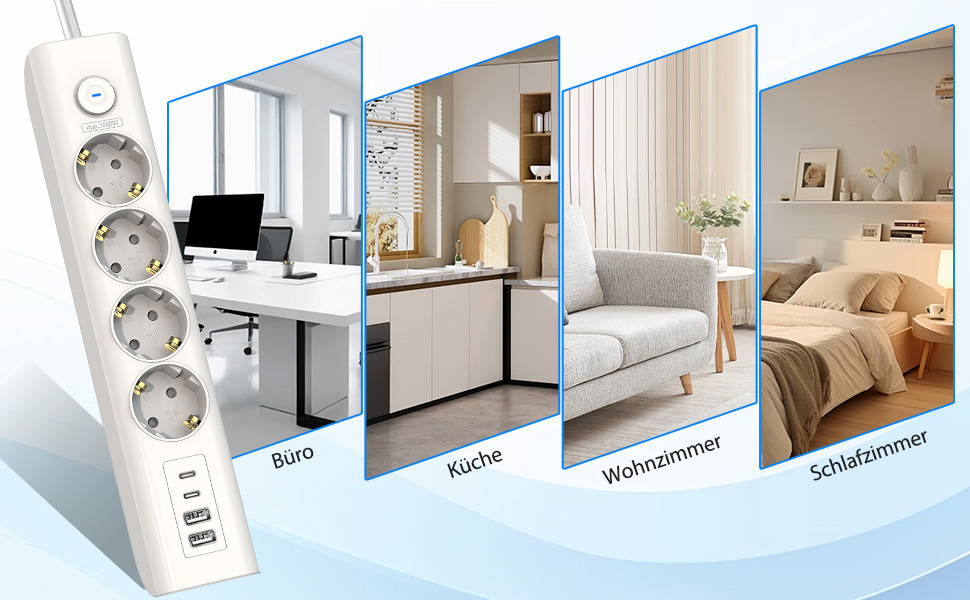 Мережевий фільтр Steckdose 8 в 1 з USB, 3680W з вимикачем, 16A з 2 USB-C, для смартфонів, ноутбуків, iPad, білий кабель 1.8м