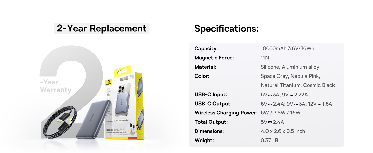 Power Bank Baseus Picogo AM41: 10000mAh, Qi2 Magsafe, 27W PD, бездротова зарядка 15W, USB-C, для iPhone 17/16/15/14/13/12, Space Gray