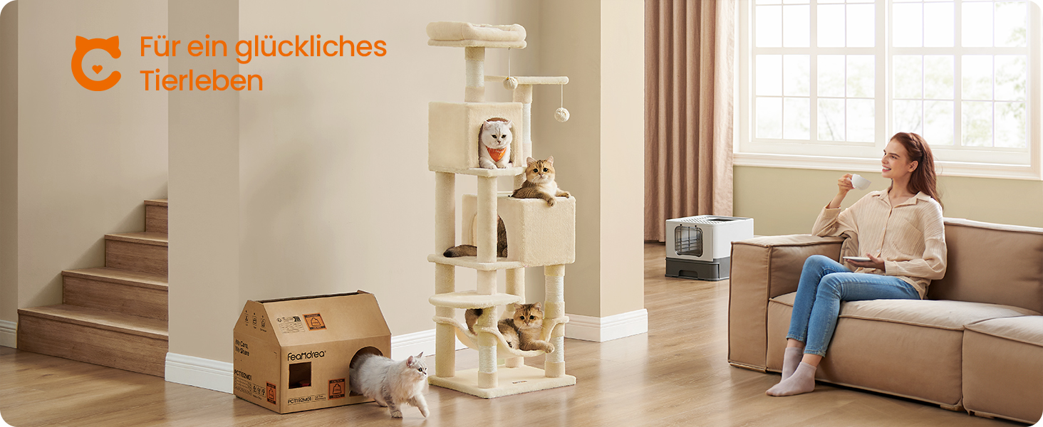 Драбина для котів Feandrea, 155 см, з 5 стовпчиками для шліфування, 2 платформами, 2 будиночками, гамаком, 2 іграшками-кульками, плюш, багатоярусна, бежева, PCT192M01