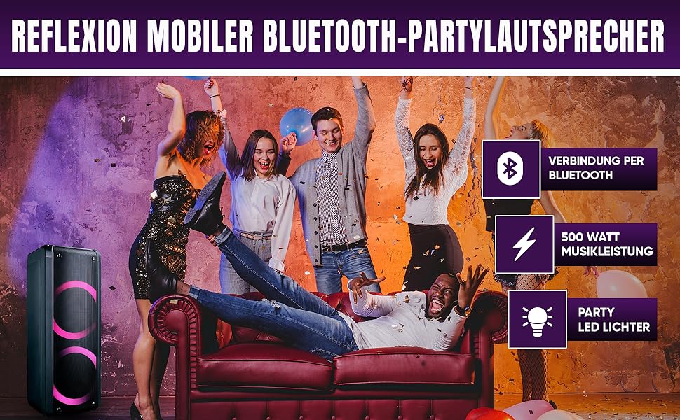 Портативна Bluetooth-колонка Reflexion PS09BT - 500W, Караоке, DJ, LED-підсвітка, Радіо, Мікрофон, Чорний