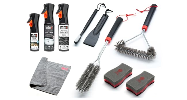 Weber Grill Cleaning Set for Enamel Grills, includes: 3 Grill Brushes, Grill Grate & Enamel Cleaner (300ml each), Non-Stick Spray 200ml, Microfiber Cloth, Scraper, 2 Cleaning Sponges (18284)