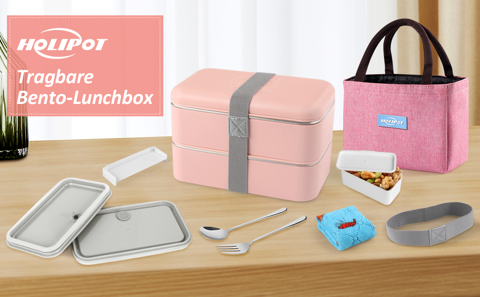 HOLIPOT Ланчбокс Bento Box з роздільниками, 2 рівні, з нержавіючої сталі та PP, з виделкою-ложкою, сумка, для дітей та дорослих (Рожевий)