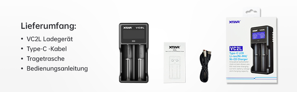 Зарядний пристрій XTAR VC2L для акумуляторів 18650/21700 з LCD дисплеєм та USB Type-C, 2 слоти, для Li-ion 3.6V/3.7V та Ni-MH/Ni-Cd AA/AAA