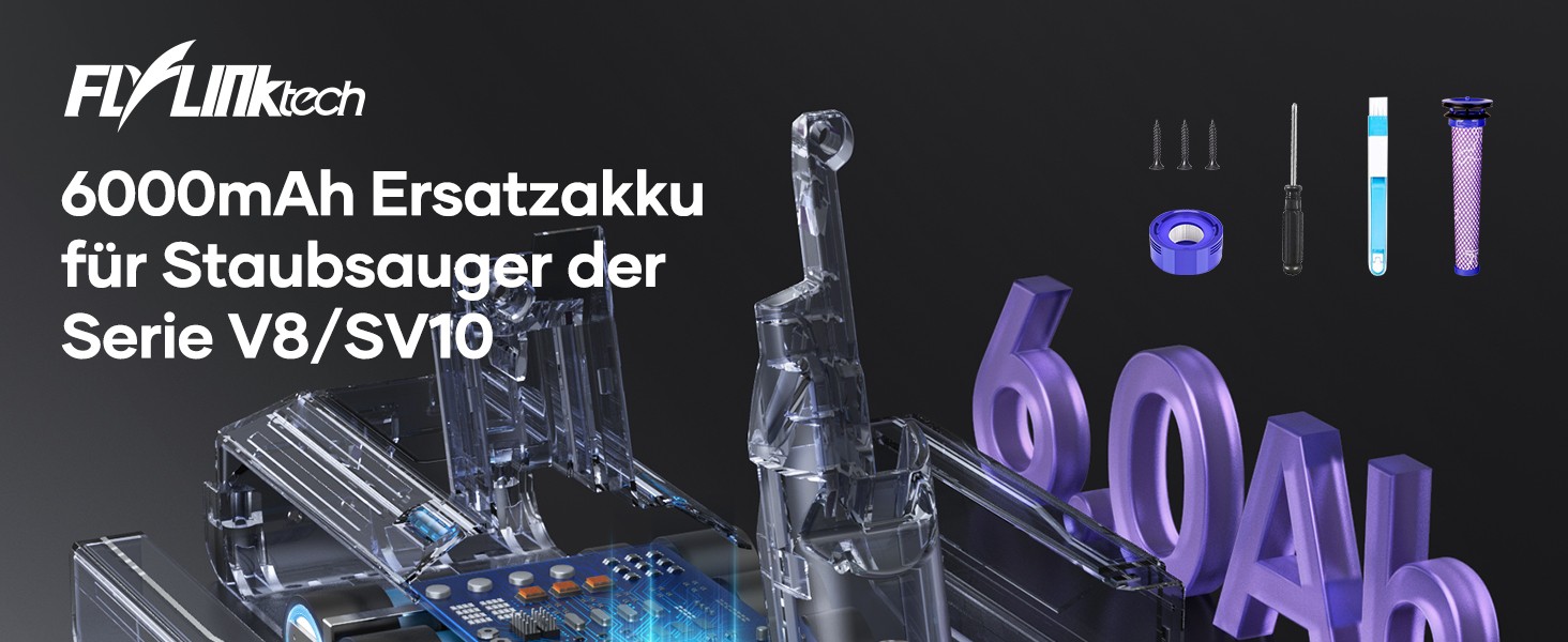 Замінний акумулятор V8 6.0 Ah для пилососів Dyson SV10 Absolute Animal Fluffy Animal Exclusive Trigger - FLYLINKTECH з фільтрами, щіткою та інструментами