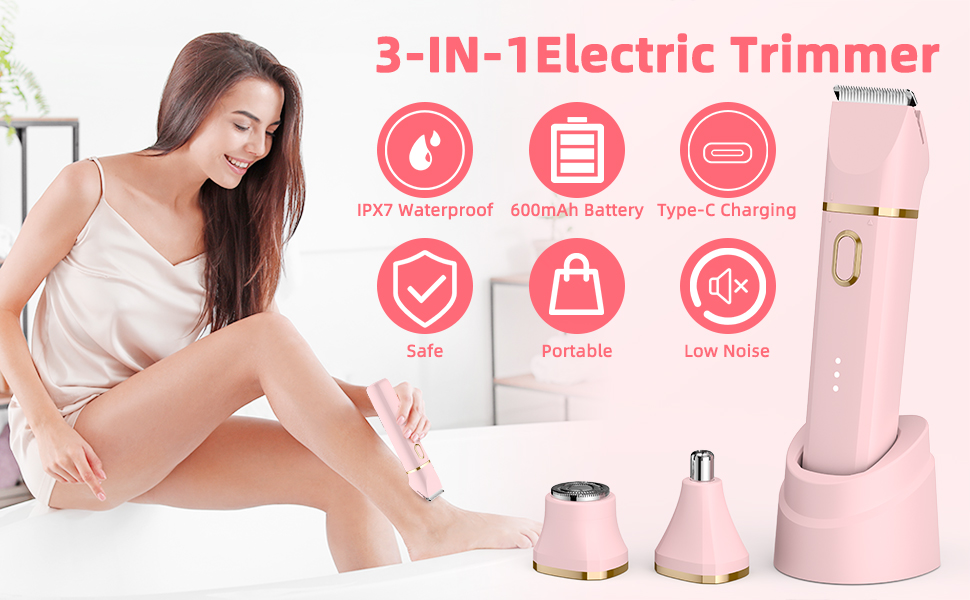 Електричний тример для тіла та обличчя 3-в-1 для жінок, рожевий