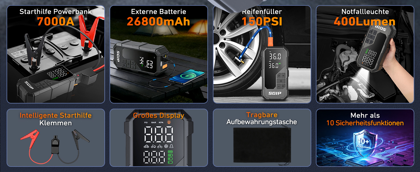 Пускозарядний пристрій для авто 7000A з компресором 150PSI, Powerbank 26800mAh для бензину (до 9л) та дизеля (до 8л), LED-ліхтар