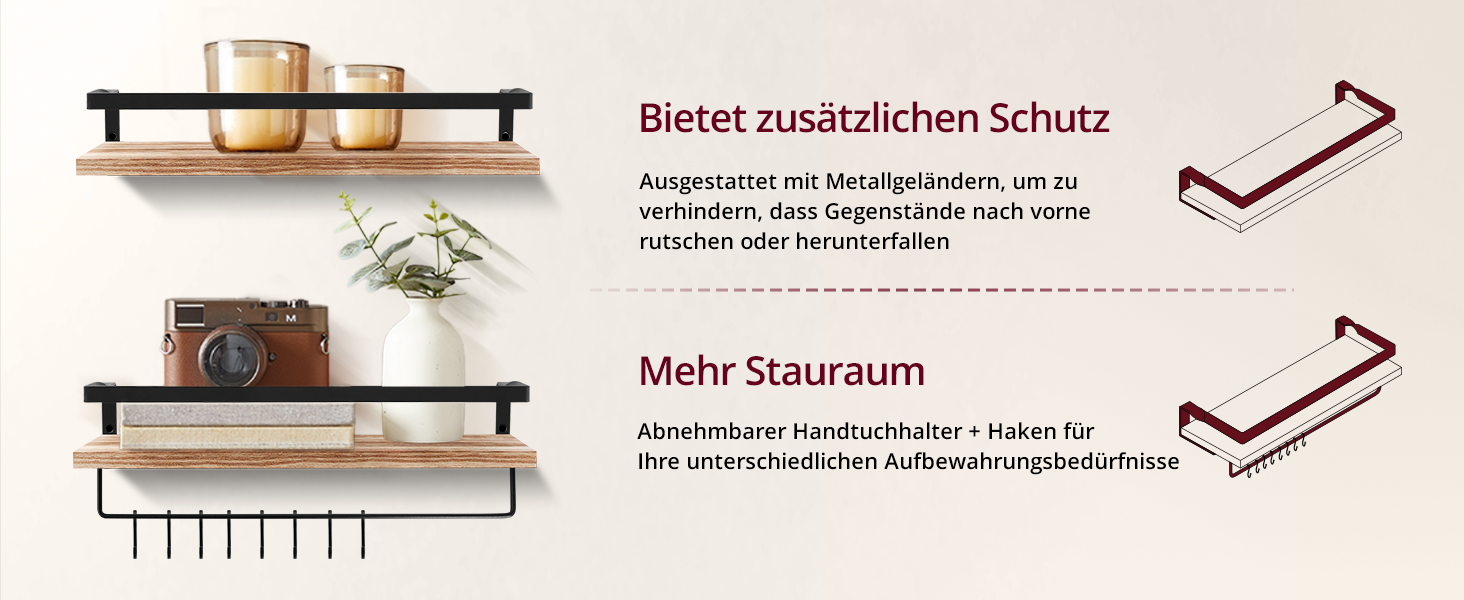Настінна полиця з дерева, 2 шт. у наборі, рустикальний стиль, з тримачем для рушників, світло-коричневого кольору, для спальні, вітальні, ванної кімнати, кухні, офісу