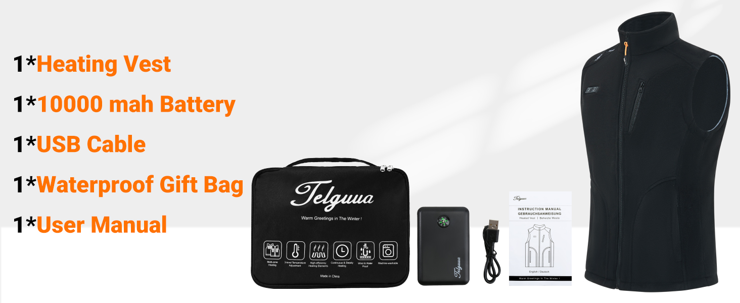 Тепла флісова жилетка Telguua з підігрівом для чоловіків з Powerbank 5V 10000mAh, 6 зон нагріву, 3 рівні температури, керування 2 зонами, для кемпінгу, піших прогулянок, сноубордингу, чорна