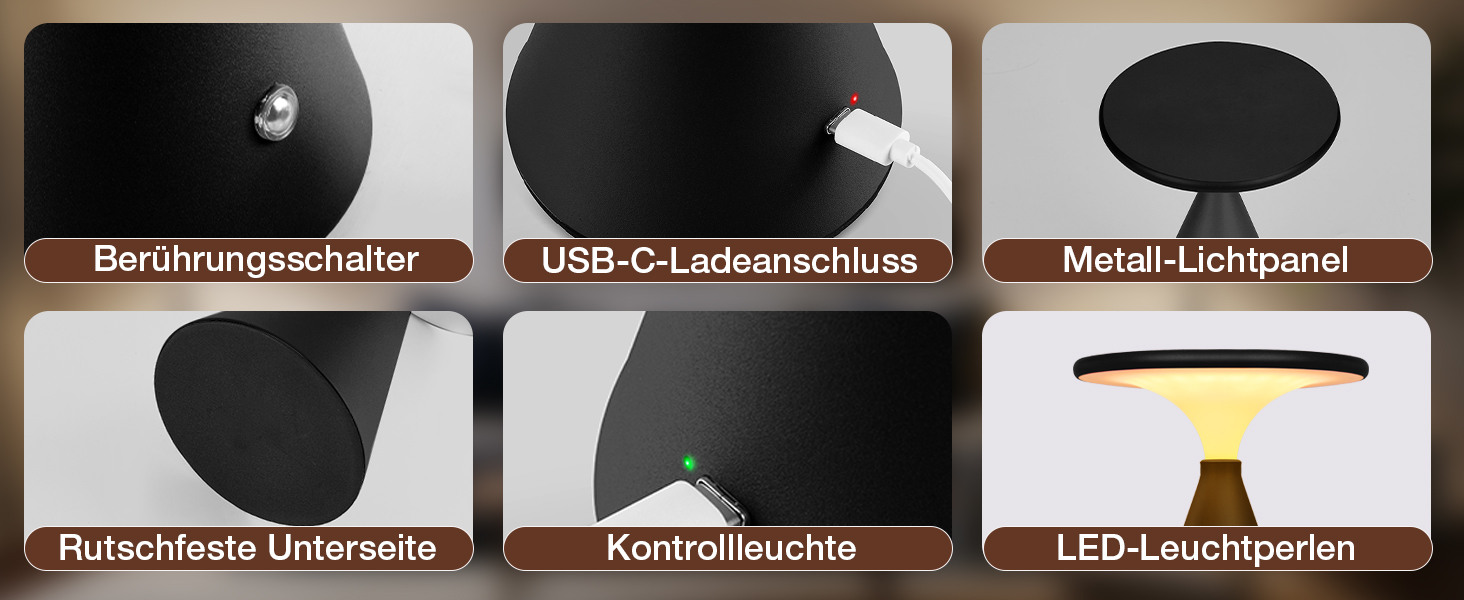 Світлодіодна настільна лампа бездротова LED акумуляторна, димуєма, 4000mAh, для приміщення та вулиці, сенсорна, 3 кольори, регульована яскравість, стильна (1 шт., чорна)