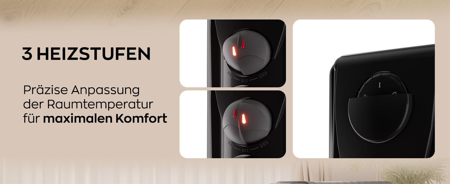 Електричний масляний радіатор Heinrich з 13 ребрами, 2500W, з вентилятором, терморегулятором, захистом від перегріву та нахилу, чорний