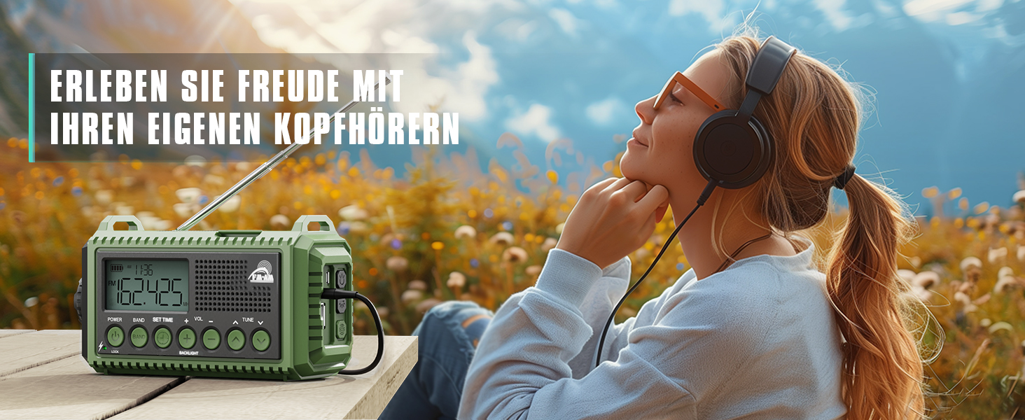 Радіо на батареї 12000mAh | Радіо з ручкою та сонячною панеллю | AM/FM/SW, SOS, USB-C | Водонепроникне IPX4, ліхтарик, для кемпінгу та відпочинку на природі