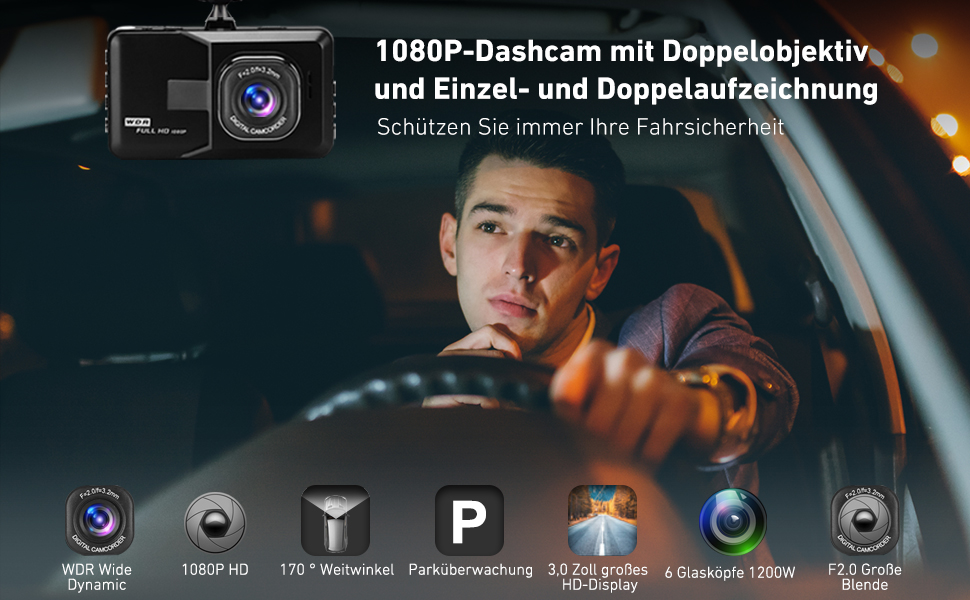 Відеореєстратор Podazz Dashcam Auto – передня та задня камери, 3
