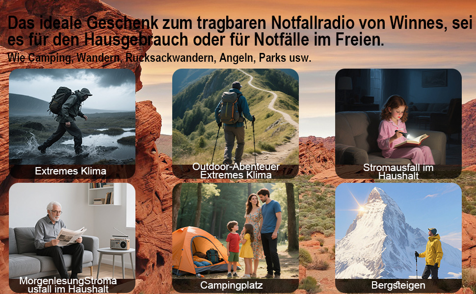 Радіо Winnes для надзвичайних ситуацій з живленням 20000 mAh, AM/FM, ліхтарик, SOS-сигнал, сонячна панель, ручне заряджання, для смартфонів (Помаранчевий)