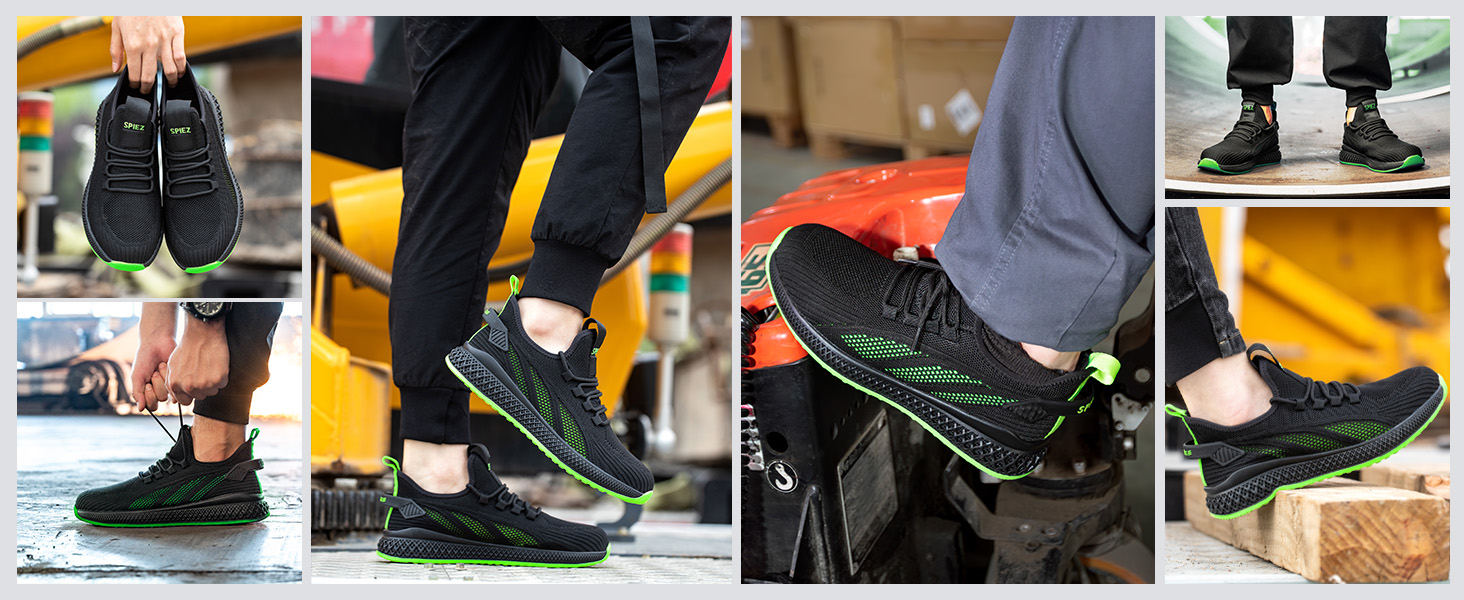 Захисні черевики SPIEZ Unisex з металевим носком, антипрокольні, легкі робочі кросівки для жінок та чоловіків, дихаючі, модні, чорно-зелені, 44 EU