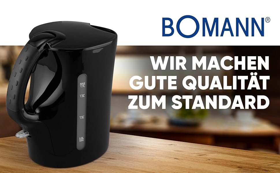 Електричний чайник Bomann WK 6079 CB: 1,7 л, автоматичне/ручне вимкнення, фільтр від накипу, 2200 Вт, чорний матовий