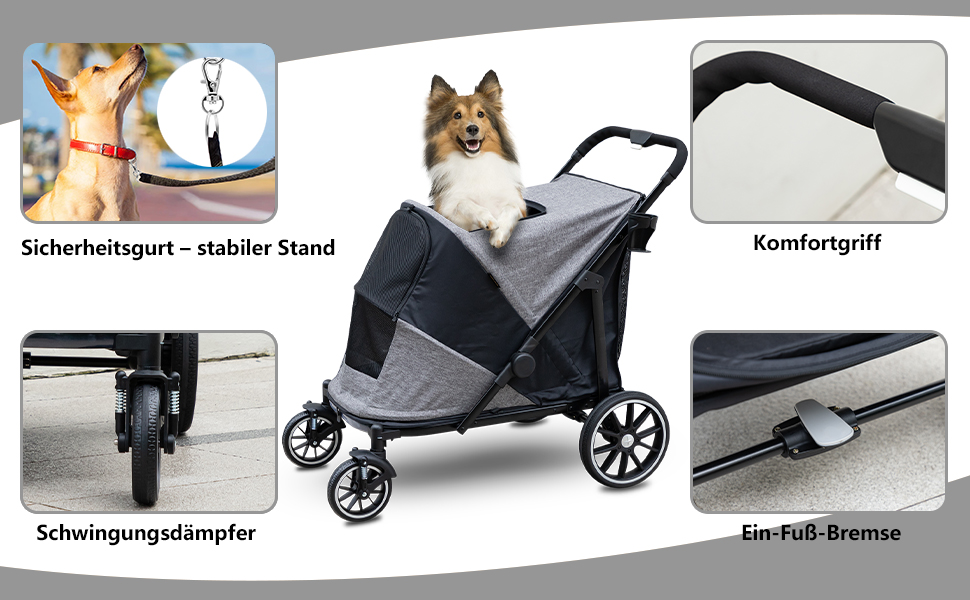 Візок для собак з одним клавішею, складаний, до 50 кг, сірий. Підходить для великих собак та котів, 100 x 48 x 96 см